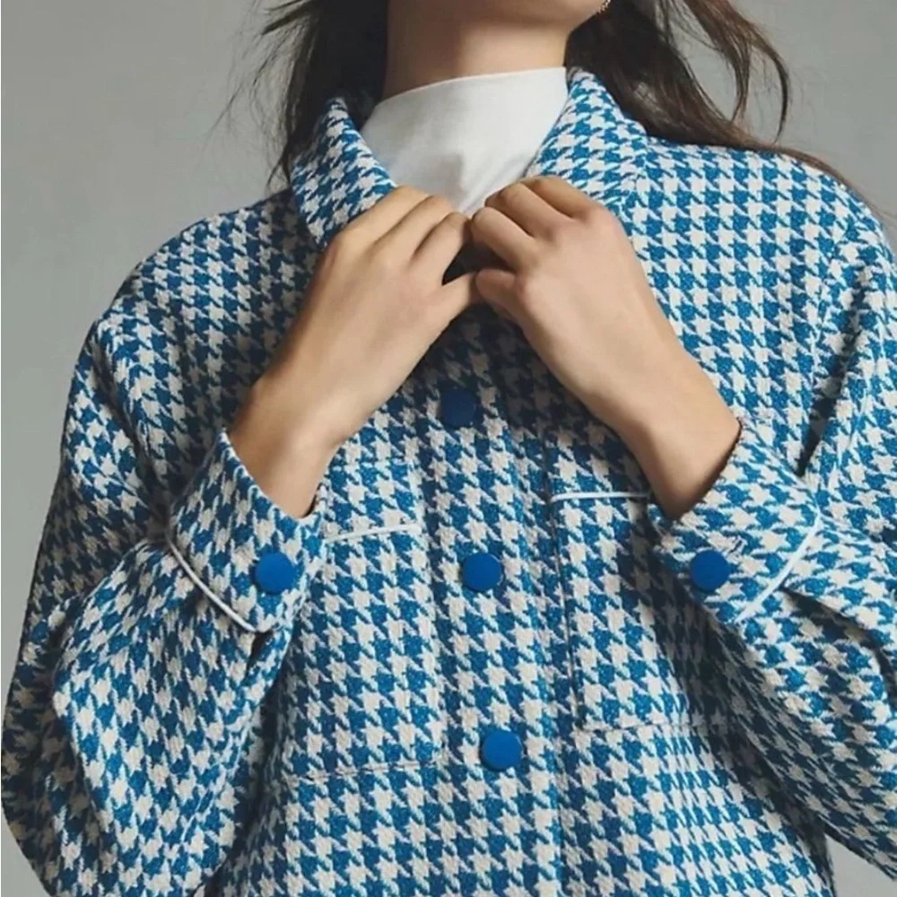 Anthropologie Blue and White Houndstooth Blazer